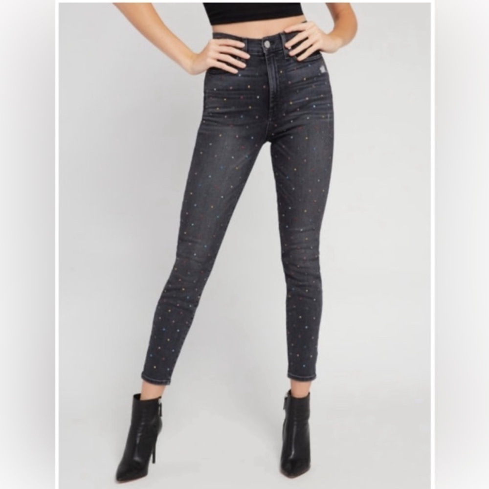 Alice + Olivia Skinny Leg Black Jeans Multicolor Crystals Print Mid-Rise size 28